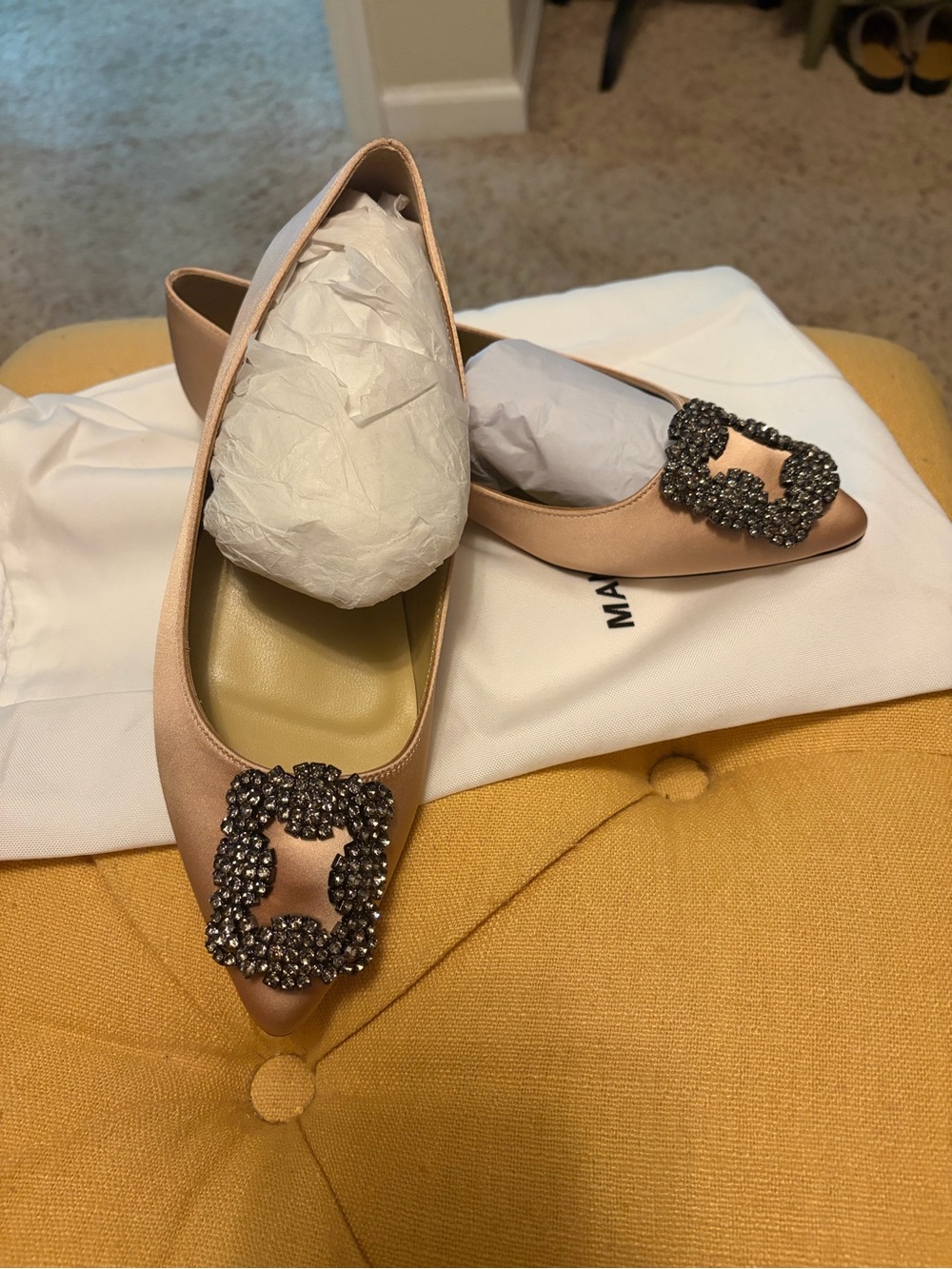 Inspired MB/ Satin Pointed Toe Flats with Crystal Buckle - Champagne